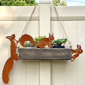 Rusted Metal Squirrel Sculpture - Yard Art and Fence Decor