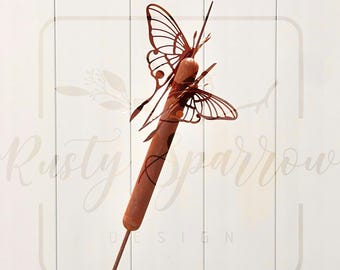 Rustic Metal Cattail Garden Stake: Handmade Yard Art with Magnetic Butterflies