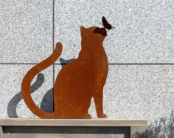 Metall Garten Design - Katze und Schmetterling - Gerostetes Metall Tierskulptur - Außenhof Kunst - Metalldekor Verzierung - Hinterhof Kunstskulptur