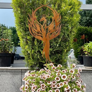 Rusty Phoenix Plant Stake - Garden Design - Metal Outdoor Art Decor - Rustic Exterior Metal Sculpture - Home and Yard Ornament Decoration