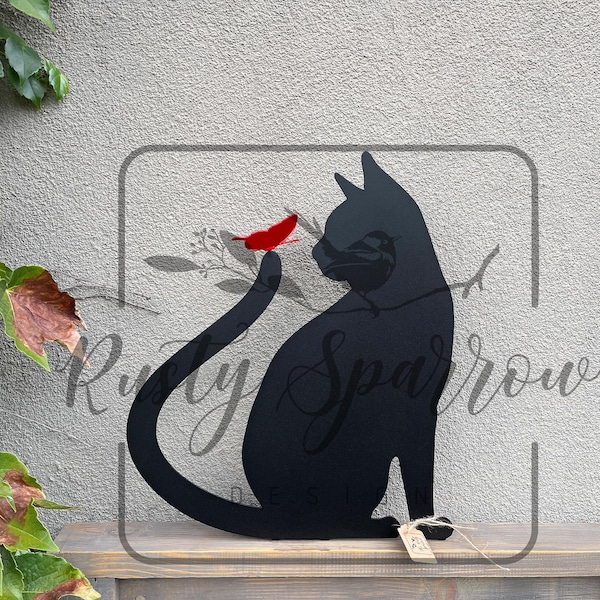 Black Cat Fence Topper: Metal Garden Art with Red Butterfly