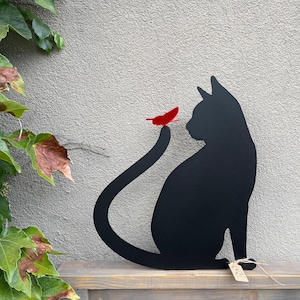 Fence Topper - Black Cat and Red Butterfly - metal art for garden and home decor - animal sculpture - exterior and interior design ornament