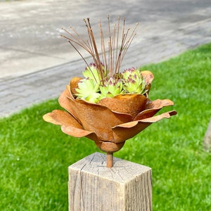 May include: A rusty metal rose with a green succulent plant inside, mounted on a wooden post.