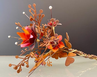 Mini Bouquet Sculpture - Rusted Metal Flower and Plant Design - Indoor Rustic Metal Art - Home Decor Gift - Anniversary Gift