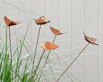 Rustic Metal Butterfly Plant Stakes: Weathered Garden Decor