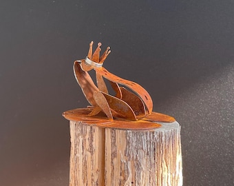 Frog Prince on a Water Lily Leaf - Rusted Corten Metal Sculpture for Yard Art and Garden Decor