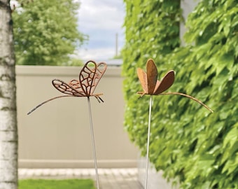 Medium Metal Dragonfly or Butterfly Plant Stakes for Pot and Vase Decor - Landscape Ornaments - Rusted Metal Garden Art