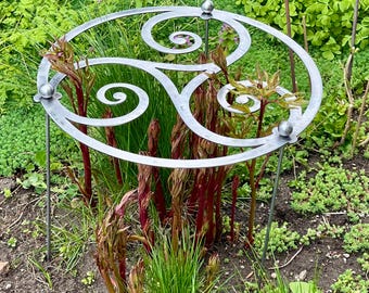 Raw Steel Plant Support Ring: Garden Flower Holder, Perennial Stem Support, Celtic Triple Spiral