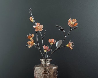 Blossom Branches in a Vintage Glass Vase - Home and Office Decor - Dining Table Centrepiece - Metal Peach/Plum Flower Arrangement