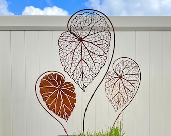 Escultura de hoja para decoración de pared o maceta - adornos al aire libre de arte de jardín oxidado - arte floral de patio de metal - muebles de patio