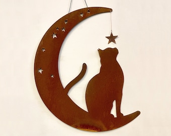 Cat on the Moon - Creative Wall Decor - Rusty Outdoor Patio Accessory - Exterior Garden Art - Rusted Metal Sculpture