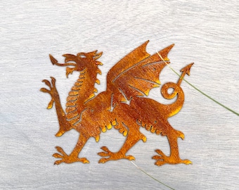 Welsh Dragon National Symbol - Exterior Garden Design - Rusty Metal Yard Art - Rustic Dragon Artistry -  Artistic Landscape Accents