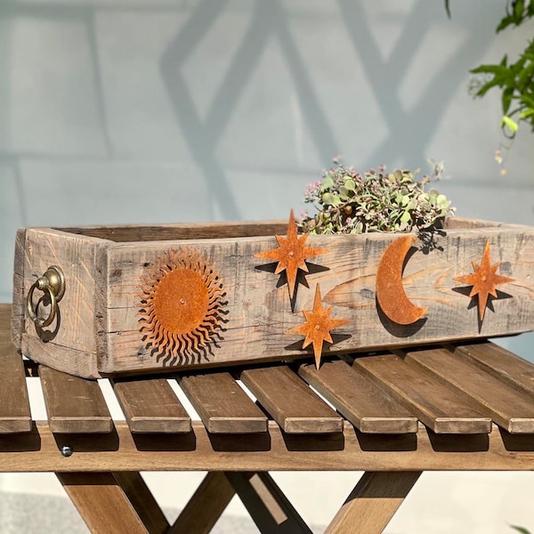 Set of 5 pcs: Sun, Moon and 3 Stars for Garden Wall Decor - Rusted Metal Yard Art to Grace Your Fence and Porch - Rustic Outdoor Accents