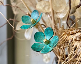 Copper and Brass Metal Flower - Unique Nature Turquoise Patina - Handmade Garden Decor