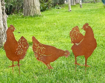 Rusted Metal Chickens – Garden Decor, Plant Stake, Wall Art & Fence Topper