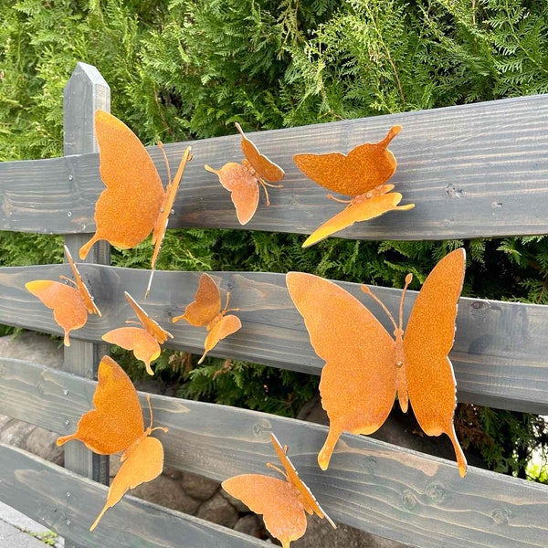 Set of 3 Butterflies - Outdoor Wall Decor - Rusty Metal Ornament for Garden Fence - Rusted Metal Yard Decor - Garden Animal Sculpture