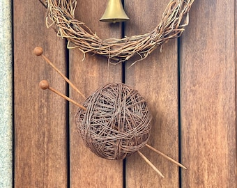 Rusty Metal Yarn Ball with Knitting Needles – Garden Art Decor – Knitter Gift – Yard Sculpture