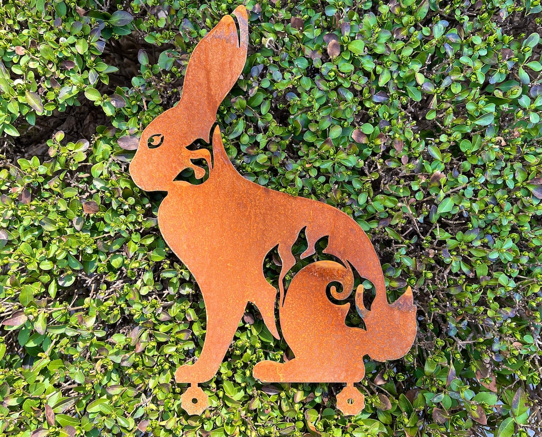 Rustic Bunny Fence Topper Rabbit Garden Wall Art Rusted Metal Sculpture ...