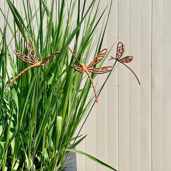 Mini Metal Dragonfly or Butterfly Plant Stakes for Pot and Vase Decor - Landscape Ornaments - Rusted Metal Garden Art