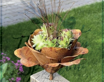 Bol de succulentes fleurs - vase de fleurs rouillé - cache-pot en métal - décoration de maison et de jardin - ornement de clôture de jardin