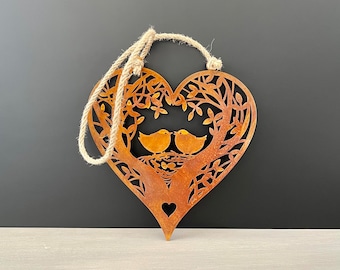 Garden Art Outdoor Heart Sculpture - Rustic Hanging Artwork - Yard Ornament - Exterior Decor Idea - Outdoor Metal Art - Family Love Gift