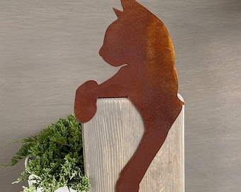 Diseño de jardines - Arte de gatos - Gato de metal oxidado para valla de jardín - Arte de patio exterior - Regalo para amantes de los gatos