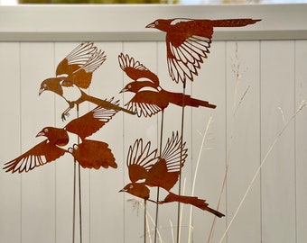 5 Flying Birds Plant Stakes - Home and Garden Accents - Exterior Metal Yard Art - Metal Garden Birds - Rusted Metal Blue Jay Sculpture