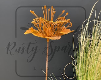 Rusty Metal Flower Sculpture with Two Layers Petals and Stamen – Garden Art Plant Stake
