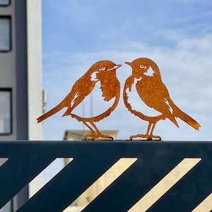 Könnte beinhalten: Zwei rostfarbene Metallvogel-Skulpturen, die sich gegenüberstehen, sind auf einem dunkelblauen Metallzaun montiert. Die Vögel haben detaillierte Ausschnitte, mit sichtbaren Schnäbeln und Augendetails. Der Hintergrund zeigt einen blauen Himmel und ein Gebäude.