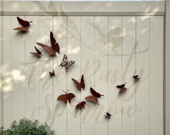 12 papillons décoratifs muraux extérieurs - Ornement en métal rouillé pour clôture de jardin - Décoration de jardin en métal rouillé - Sculpture d'animaux de jardin en métal