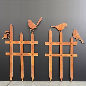 Birds on a fence - creative design for your plant pot I rusty ornaments - garden decor - rusted metal bird sculpture - outdoor yard art