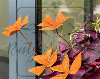 Rusty Metal Oxalis Triangularis Plant Stake: Garden Decor, Purpurea Clover