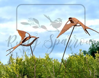 Rusty Metal Swallow Plant Stake: Rusted Garden Bird Sculpture