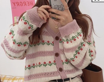 button front daisy floral pattern cardigan