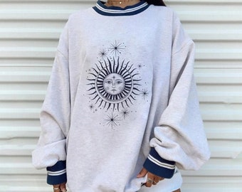 FRC0LT Women/'s Vintage Funny Sun and Moon Printed Loose Sweater Long Sleeve O-Neck Shift Printed Sweatshirt