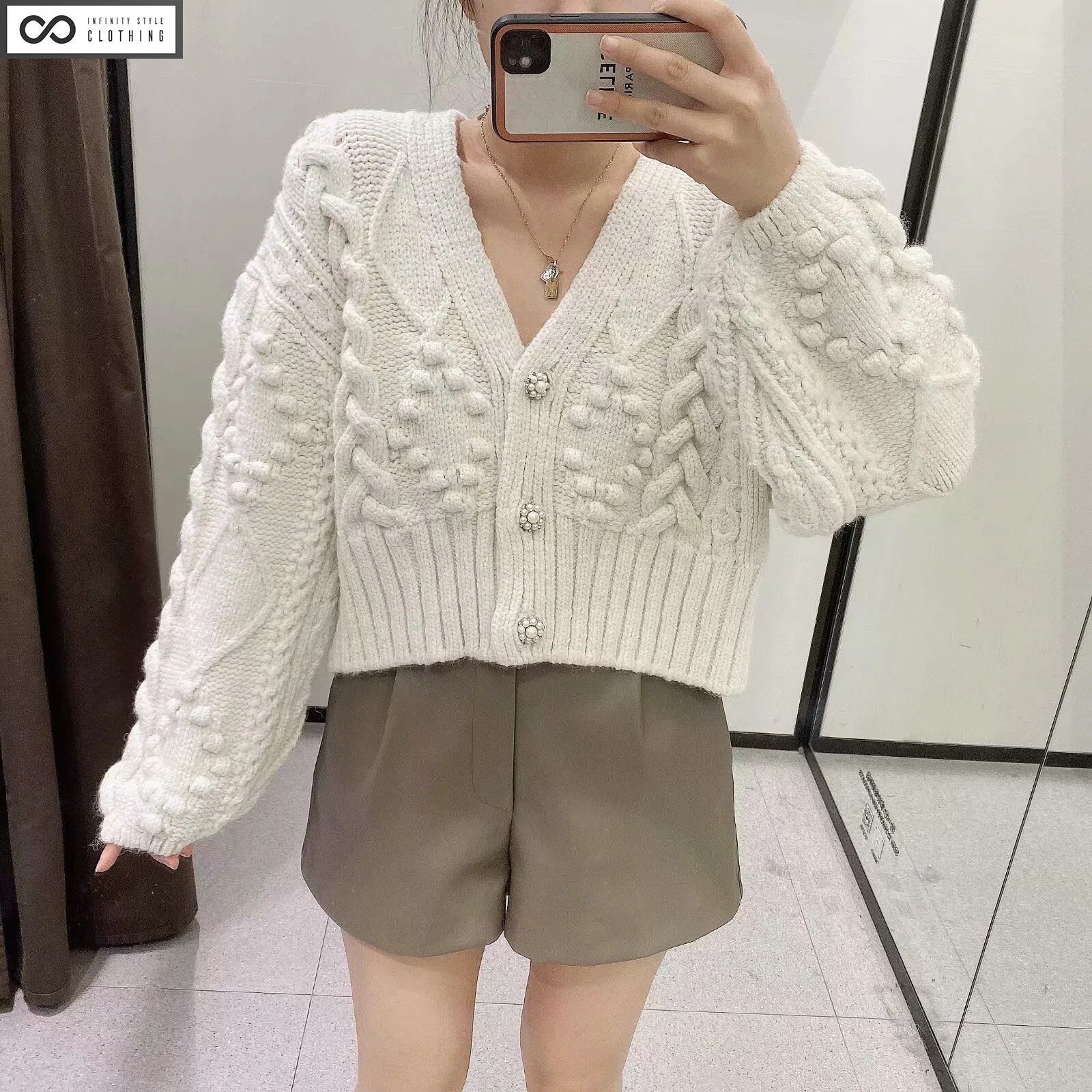 White Cardigan Pompom Appliques 