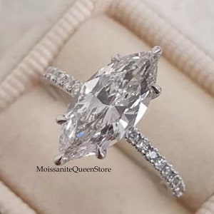 Unique Four Claw 1.80Ct Marquise Cut Colorless Moissanite Accented 18k White Gold Pave Wedding Engagement Ring