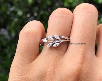 nique Leaf Style Marquise Cut Moissanite Ring | 0.80 CT Dainty Twig Moissanite Engagement Ring
