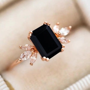 Black Onyx Engagement Ring 4ct Emerald Cut 14K Rose Gold Engagement Ring Cluster Ring Moissanite Bridal Ring Promise Ring Anniversary Gift