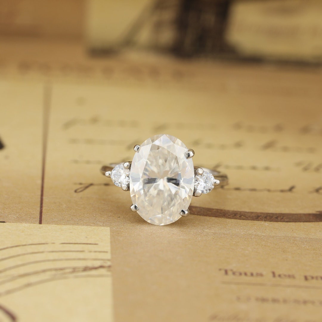 6ct Oval Cut Moissanite Engagement Ring 3 Stone Wedding Ring Art Deco ...