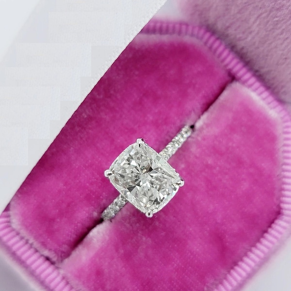 Crushed Ice 2 CT Dainty Cushion Cut Moissanite Engagement Ring, Minimalist Elongated Cushion Engagement Ring Hidden Halo