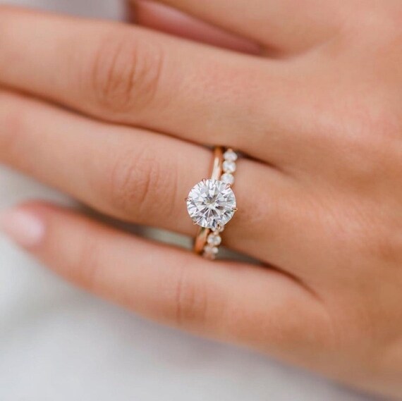 14K Solid Gold Wedding Set 2.10CT Round Cut Simulated Diamond Etsy