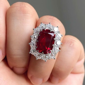 Cushion Cut Ruby Gemstone Vintage Ring | Round Moissanite Halo With Ruby Gemstone Engagement Rings | 14k Gold Anniversary
