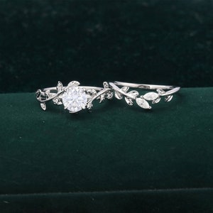 Vintage moissanite engagement ring set leaf and vine yellow gold ring ,art deco bridal ring set ,nature inspired ring set