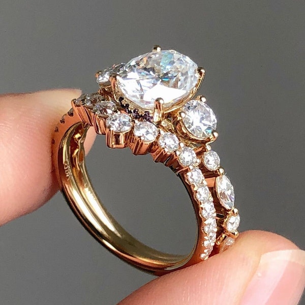 Art Deco Oval Moissanite Ring Set 14K Rose Gold Bridal Set Vintage Hidden Halo Wedding Set 3 Stone Anniversary Rings Stackable Promise Rings