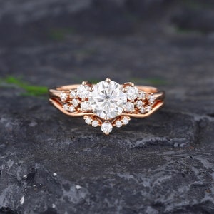 Moissanite engagement ring set rose gold engagement ring Vintage Unique Bridal set Diamond wedding Curved Anniversary Promise ring gift