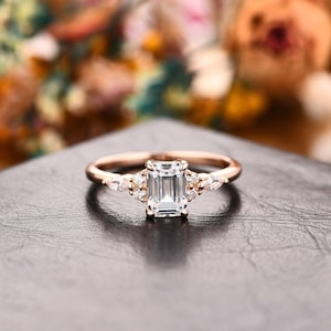 1 Ct Vintage Emerald Cut Moissanite Engagement Ring,Delicate Anniversary Ring,Prong Set Simulated Diamond Ring Milgrain Antique Wedding Ring