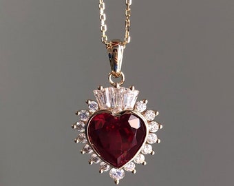 Colgante de piedra preciosa de rubí en forma de herat vintage con cadena de oro sólido de 14 k, colgante de regalo de boda de piedra preciosa de rubí cortado en corazón, regalo de aniversario para