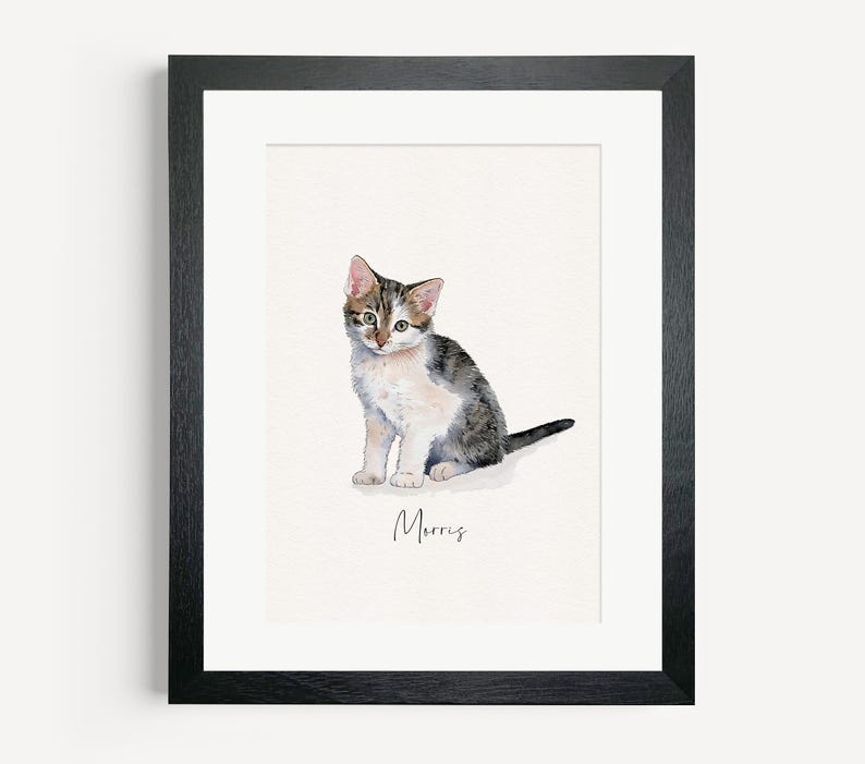 Custom Cat Portrait, Watercolour Pet Illustration, Cat Drawing, Cat Portrait from Photo, Cat Memorial, Framed Cat Print, Cat Christmas Gift image 1