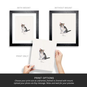 May include: A watercolor painting of a cat sitting with its paws crossed. The cat is white with black and brown markings. The painting is available as a print, framed, or framed with a mount. The text "Print Options" is at the bottom of the image.
